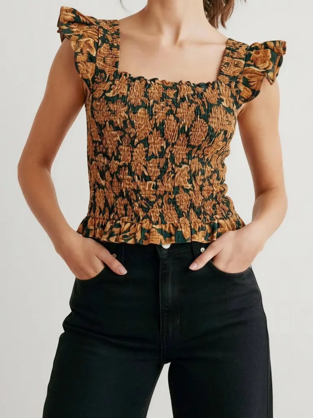 Sezane Elodia Smocked Ruffle Strap Crop Top - Mustard Floral